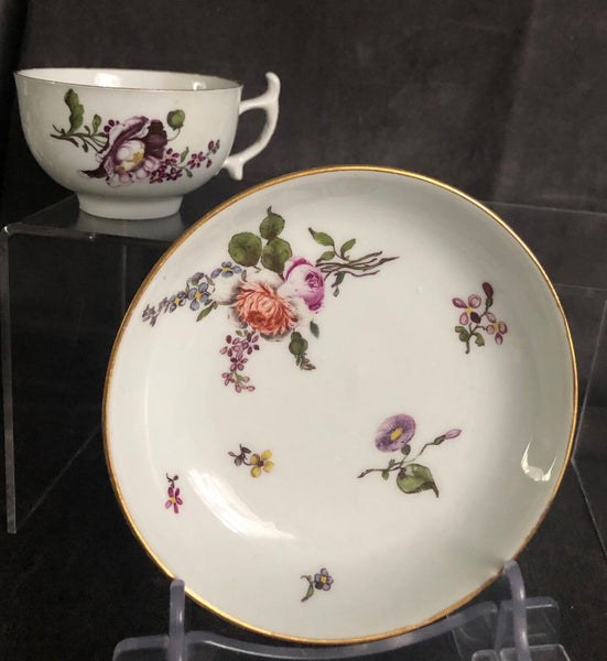 Meissen Porcelain Woodcut Floral Cup and Saucer 1740