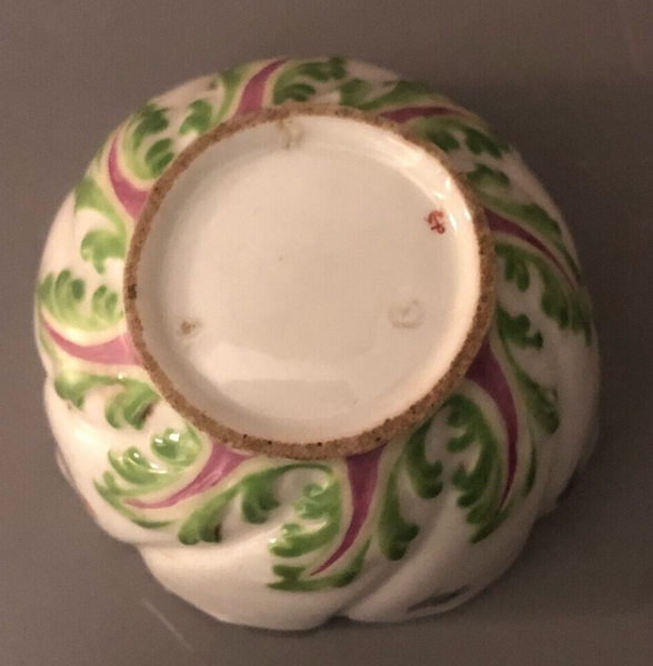 Chelsea Porcelain Floral Tea Bowl with Leaf Fronds 1756