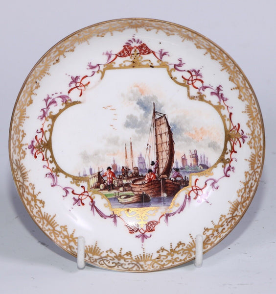 Meissen Porcelain Tea Bowl & Saucer with kauffahrtei scene. 1735 Drehers Marks