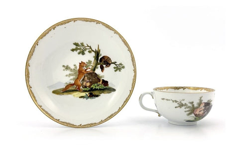 Meissen Porcelain Marcolini Cup & Saucer with Fox Hunting Scene 1774-1814