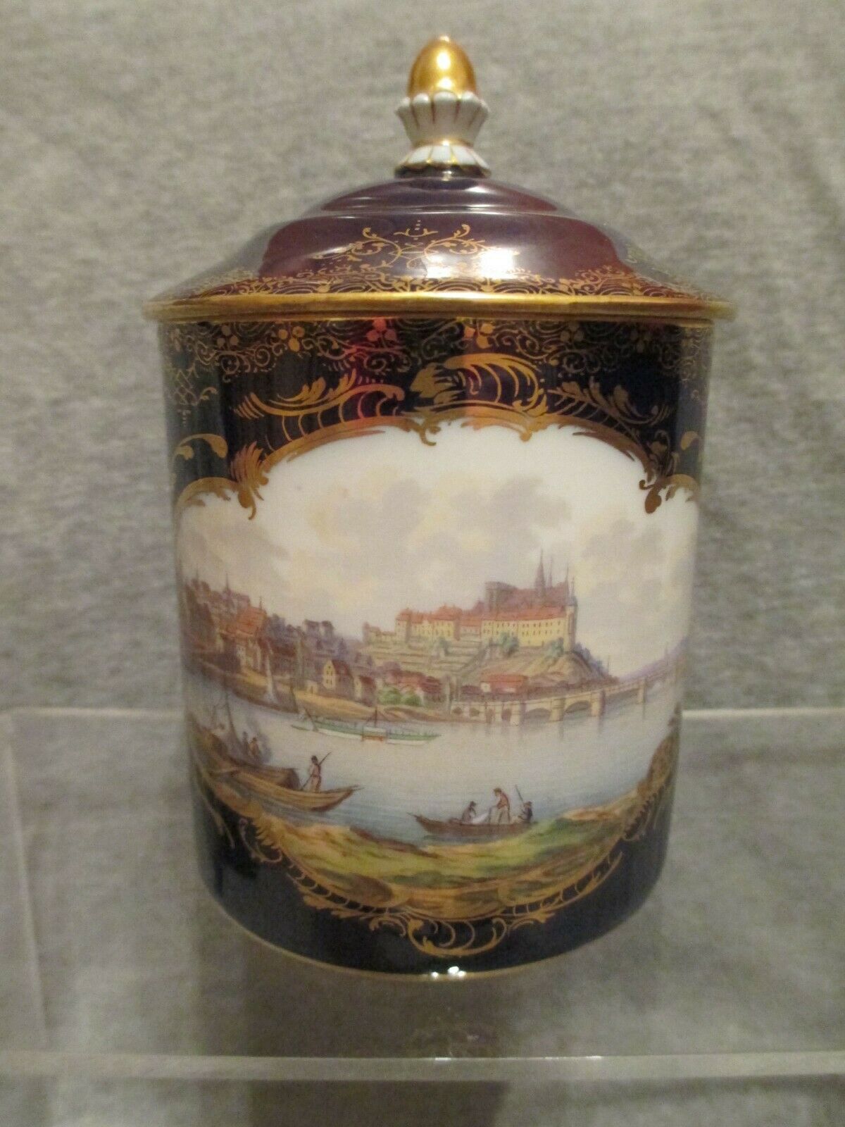 Meissen Porcelain Cobalt Lidded Coffee Can (scene of Meissen) 1780