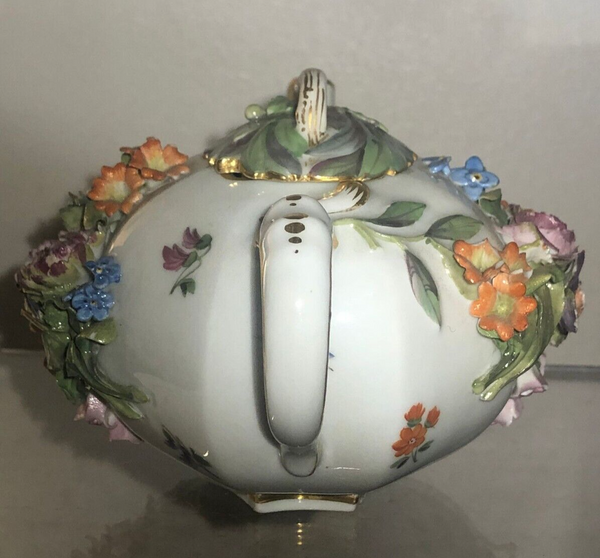 Meissen Porcelain Floral Encrusted Tea Pot 19th C