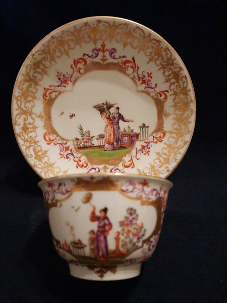 Meissen Porcelain Tea Bowl & Saucer with Chinoiserie Scenes 1725 - 1730