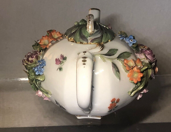 Meissen Porcelain Floral Encrusted Tea Pot 19th C