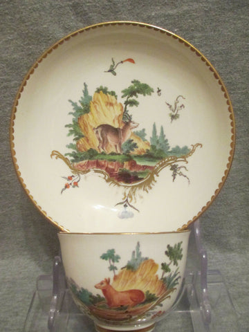 Frankenthal Porcelain Goat Scene Cup & Saucer, 1700's Carl Theodor