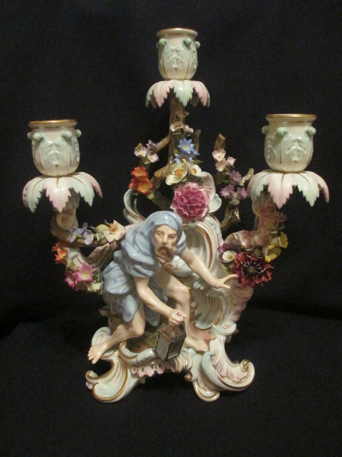 Meissen Porcelain Figural Candelabra, Man with Lamp 19th C