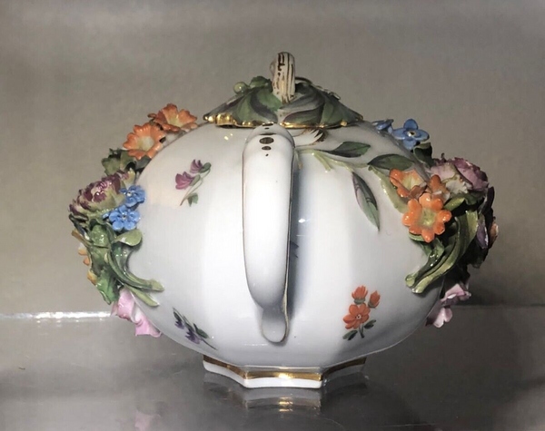 Meissen Porcelain Floral Encrusted Tea Pot 19th C