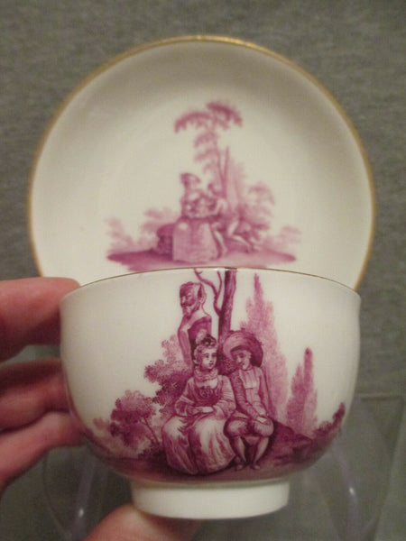 Meissen Porcelain, Scenic Puce Tea Cup & Saucer. 1760