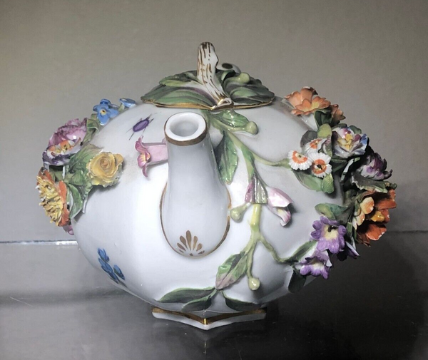 Meissen Porcelain Floral Encrusted Tea Pot 19th C