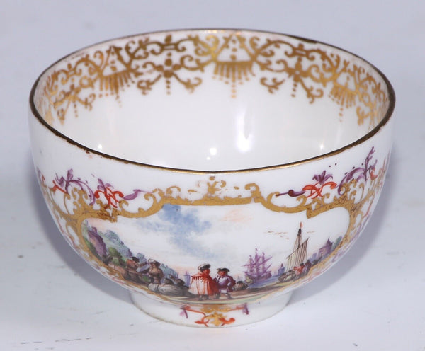 Meissen Porcelain Tea Bowl & Saucer with kauffahrtei scene. 1735 Drehers Marks