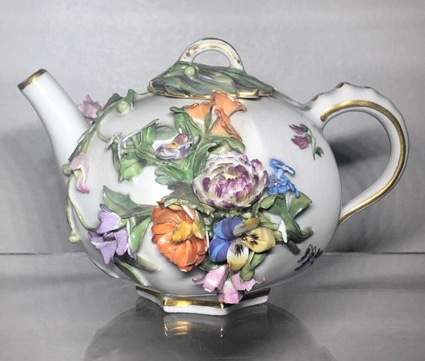 Meissen Porcelain Floral Encrusted Tea Pot 19th C