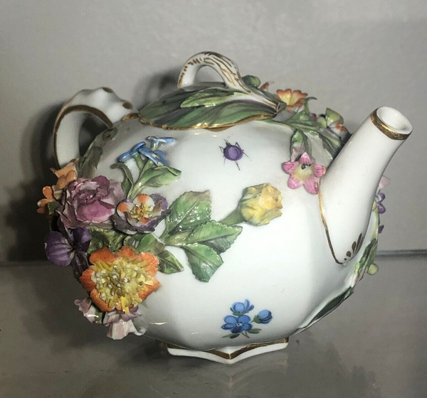 Meissen Porcelain Floral Encrusted Tea Pot 19th C