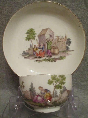 Meissen Porcelain Tenniers Scene Cup &amp; Soucoupe 1ère Classe 1740