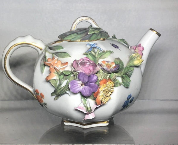 Meissen Porcelain Floral Encrusted Tea Pot 19th C