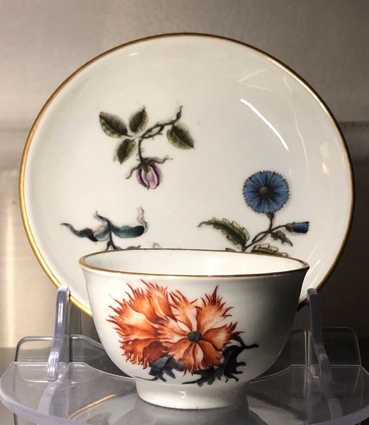 Meissen Porcelain Woodcut Flower Tea Bowl and Saucer 1740