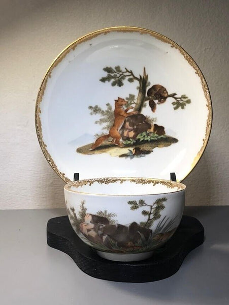 Meissen Porcelain Marcolini Cup & Saucer with Fox Hunting Scene 1774-1814