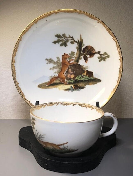 Meissen Porcelain Marcolini Cup & Saucer with Fox Hunting Scene 1774-1814