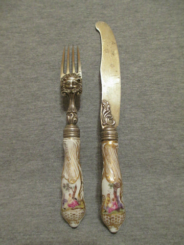 Meissen Porcelain & Silver Fork & Knife Set ( No 2) 19th C