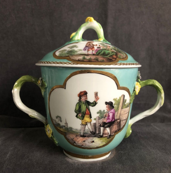 Meissen Porcelain Double Handled Lidded  Tenniers Scene Cup  18th C