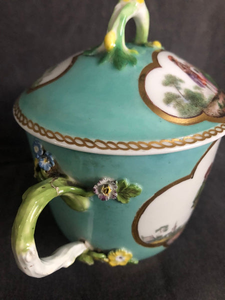 Meissen Porcelain Double Handled Lidded  Tenniers Scene Cup  18th C