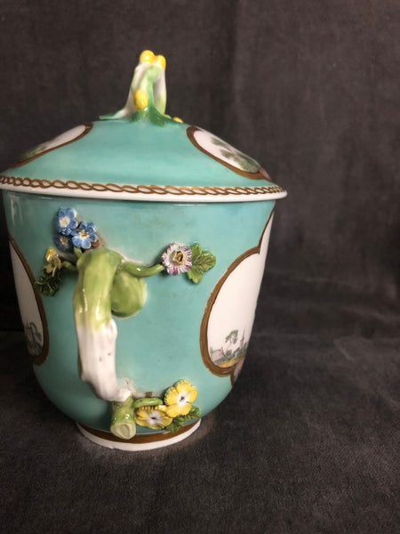 Meissen Porcelain Double Handled Lidded  Tenniers Scene Cup  18th C