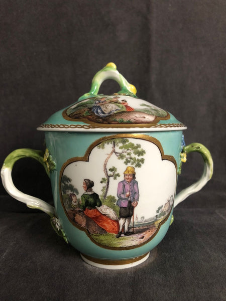 Meissen Porcelain Double Handled Lidded  Tenniers Scene Cup  18th C